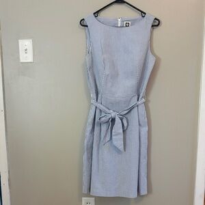 Anne Klein Blue and White Striped Midi Sheath Dress with Tie Waist
